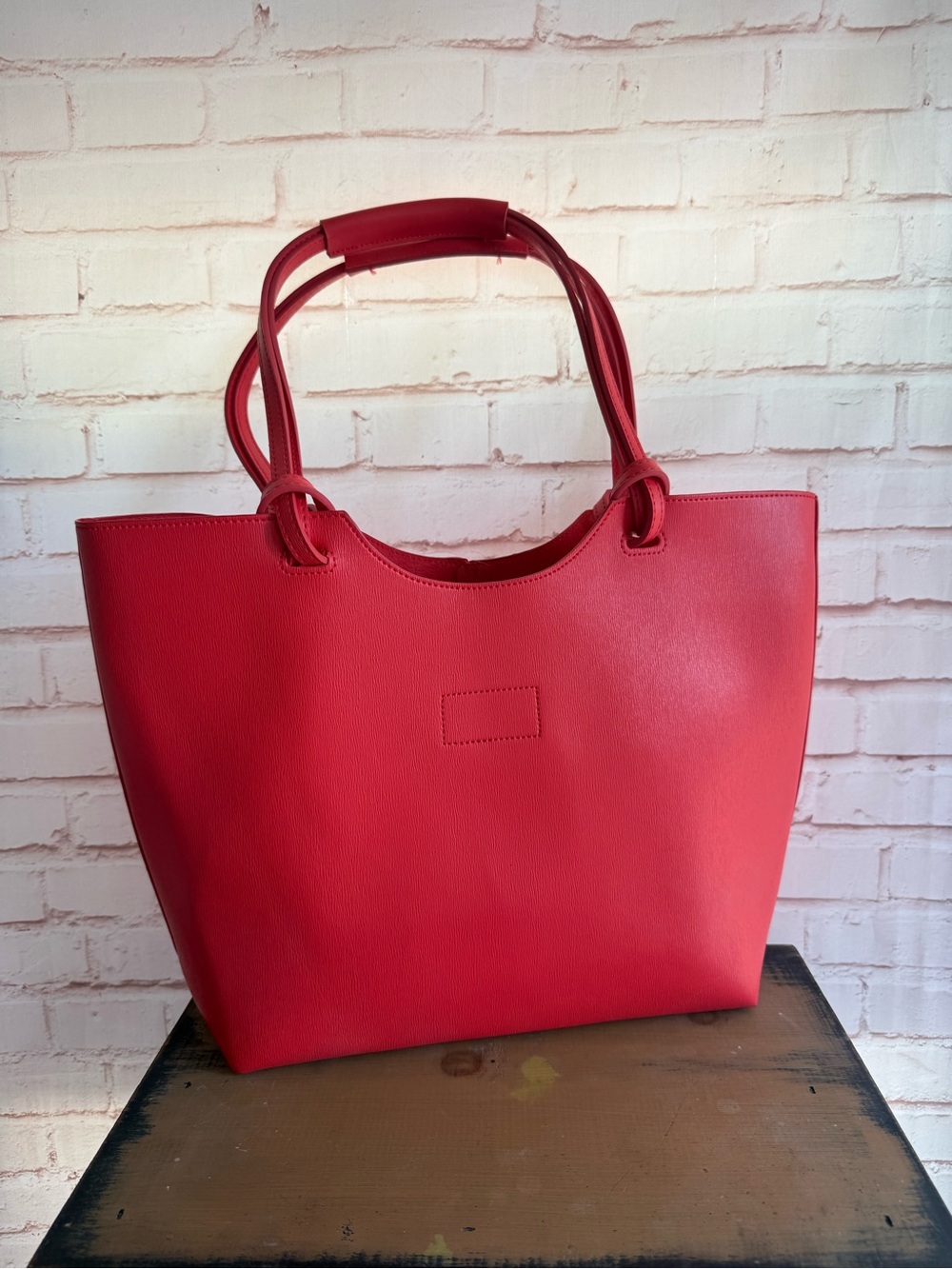 Neiman Marcus Red Structured Tote with Dual Top Handles